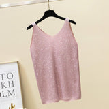 shiny Knitted Top Summer v-neck diamonds Tank top Women Slim Top Female bling sleeveless t-shirt Vest