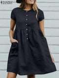 ZANZEA Women Elegant Dress Casual Loose Holiday Robe Summer Short Sleeve O Neck Solid Sundres Female Solid Vestidos