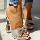Fashion Female Bowknot Sexy Slippers 2022 Summer Slippers Women Platform Crystal Thick High Heels Shoes