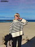 striped oversize Turtleneck Sweater for Women female Knitted casual split side Long Sleeve loose