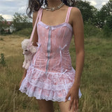 Sweet Y2K Lace Slip Dress Party Holiday Sleeveless Mini Kawaii Dresses Lolita Robe 2000s Aesthetic Grunge Pink
