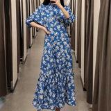 Women Flower Printing Ruffled Hem Midi Shirt Dress Female Lantern Sleeve Clothes Casual Lady Loose Vestido