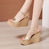 New High Slope Heel Sandals Women's Muffin Thick Bottom Waterproof Table One Word Buckle Gold Small Size 3233 Fish Mouth