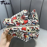 New Thick-soled Increased Women's Sports Shoes Women Casual PU Leather Hand-painted Graffiti White Shoes Outdoor