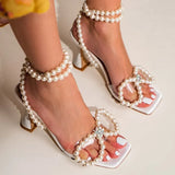 Pearls Rhinestones Bowknot Women Sandals Elegant High heels Ankle Strap Gladiator Sandals Summer Wedding Bridal