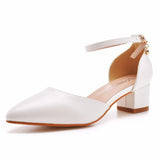Breakj 7 Cm Thick Heel Sharp-Headed Hollow Sandals Spring Square Side Light Women's Shoes White Buckle Bride High