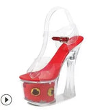 Women Model Shoes Thick Super High heels 17cm Sunflower Waterproof Fishmouth Sandals Transparent Crystal Shoes Wedding