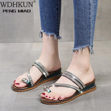 Wedges Sandals Women Rhinestones Female Flip Flops Summer Modis Leather Crystal Slippers Ladies Babouche Bling