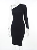 One Shoulder Midi Dress Asymmetric Skinny Long Sleeve Autumn 2021 Elegant Streetwear Party Sexy Ribbed Black