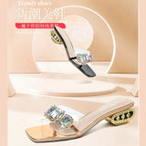 Transparent Slippers Female Crystal Slippers With Thick Heels In Summer, A New Style Of Transparent Middle Heel With Diamond Outside Wearing Sandals Fairy