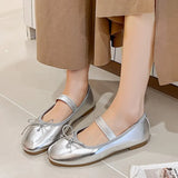 Silver Bowtie Flats Shoes Women Round Toe Patchwork Plaid Leather Loafers Flat Shoes