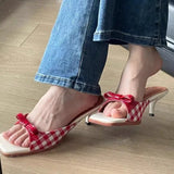 Breakj Head French Lattice Cool Slippers Women Wear Bows Out Toe High Heel