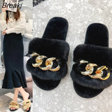 Chain Fury Slippers Women Furry Fur Slides Indoor Home Slippers Women's Winter Outdoor Metal Ring Slipper Fluff