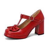 Patent Leather Dress Pumps Block High Heel for Women Chic Comfort Platform Mary Janes Closed Toe Bow Cosplay Kawaii