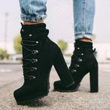 Size 2024 Autumn And Winter Waterproof Table High Heel Laced Riveted Short Boots Suede Martin