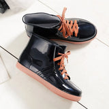 Women's Rainshoes Waterproof Non-Slip Flat Rubber Shoes Women Rain Boots Short Tube Lace Up Velvet Warmer Winter
