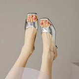 2024 Summer New Retro Fish Mouth Thick Heel Silver Soft Leather With Square Head And Flat Bottom Sandals For
