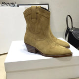 Women Shoes Natural Cow Suede Boots Med Heels Cowboy Boots Women Embroidery Mid Calf Designer Shoes