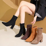 Large-Size High-Heeling Short-Sleesize Boots Women's Elastic Cloth Velvet With Coarse And Pointed Bare