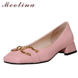 Women Fashion Shoes Natural Genuine Leather Flat Shoes Square Toe Metal Decoration Ladies Footwear Spring Autumn