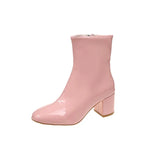 Breakj Winter New Korean Version Of High-Heeled Thin Boots Fashion Short Boots Women's Large Size Shoes Bright Leather Side Zipper