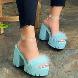 Feather Women Sandals with Chunky Heels and Waterproof Platform One-button Shoes for Women 2022 Summer New Princess