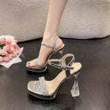 Breakj Hate Sky High High Heel Sandals French Crystal Waterproof Table Linolee Show New One-Word Buckle Strap Summer