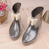 Elegant Short Women Rubber Boots Elastic Band Ankle Rain Boots Fall Autumn Rain Day Waterproof PVC Flower bow Woman