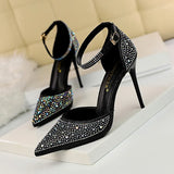 Breakj Korean Version Of Sweet High Heels With High Heel Shallow Pointed Hollow Out A Word With Shiny Rhinestone