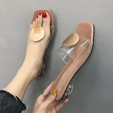 High Heels Elegant Slippers Women New Summer Shoes Woman Metal Buckle Transparent Square Low Heels Mules Shoes Female