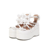 Princess Lolita Platform Mary Jane Girls Tea Party Shoes Criss-Cross Strap Sweet Bow Thick Sole Wedge Pumps Pink Black
