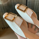 D'orsay Shoes Ladies Luxury Metal Buckle Flats Women Square Toe Ballerinas Shiny Leather Dress Slip On Office
