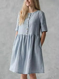 New Summer Commuter Women Dress A-line Skirt Solid Cotton Linen Pocket Mid Sleeve Holiday Dress 2022 Elegant V-Neck Loose