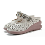 Muffin Heel Flat-Soled Women's Slippers Cave Style Leather Hollowed-Out Sticky Mother Shoes Flat Soles Raised Soft