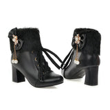 Women's Ankle Boots Thick High Heel Ladies Leather Lace Up Martin Boots Warm Fur Student Shoes Bottes Botines Plus Size