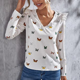 Spring Autumn Hot Deals Women Long Sleeve Tops Lady Fashion Slim Pullover Shirts Elegant V-neck Butterfly Pattern Chiffon