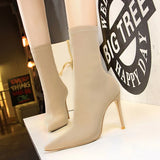 Breakj Simple Women's Boots Thin Heel Ultra High Heel Sexy Nightclub Pedicure Show Thin Pointed Lycra Elastic Ankle
