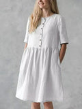 New Summer Commuter Women Dress A-line Skirt Solid Cotton Linen Pocket Mid Sleeve Holiday Dress 2022 Elegant V-Neck Loose