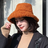 Hat Solid Artificial Fur Warm Female Cap Faux Fur Winter Bucket Hat for Women Outdoor Sunscreen Sun Hat Panama Cap