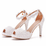 Breakj Yard Fish Mouth High Heel Sandals Waterproof Table Sandals Fine Heel Lace Beaded Wedding Shoes Wedding