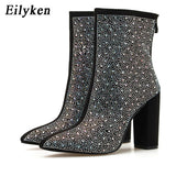 2022 Fashion Sexy Banquet Women's Boots Thick with Square Head Shiny Rhinestones Thin Nightclub High Heel