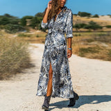 Women Print Long Dress 2021 Spring Long Sleeve Buttons Split Dress Casual Turn-down Neck Ladies Sashes Shirt