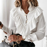 Summer Women Polka Dot Ruffle Blouse Shirt Casual Elegant Office Long Sleeves Buttons Pullover Lady Autumn Streetwear