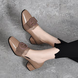 Spring New High Heels Square Head Thick Heel Middle Heel Work Shoes Square Button Head Layer Cowhide Four