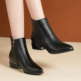 Winter New Pointed Solid Side Zipper with Square Heel Leather Outer Wear Women's Warm Versatile Comfortable Naked