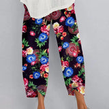 Fashion Loose Plus Size Elastic Waist Cropped Pants Casual Irregular Wide Leg Pants Multi-color Print Cotton Linen