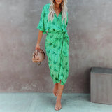New Casual Fashion Printed Women Vacation Dress Spring Autumn Office Ladies Long Dress Elegant Lapel Button Lace-Up Shirt