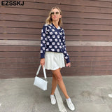blue floral Sweater Pullovers Women winter autumn thick v-neck chic 2021 sweater long sleeve sweater