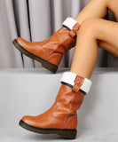 Women's Mid Calf Boots Winter Shoes Woman Warm Plush Lady PU Boots Sewing Slip On Comfort Female Footwear Fashion Two