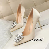 Breakj Korean Version Of Water Diamond Women's Shoes Thin Heel High Heel Sexy Show Thin Shallow Mouth Pointed Shiny Water Diamond With Buckle Single